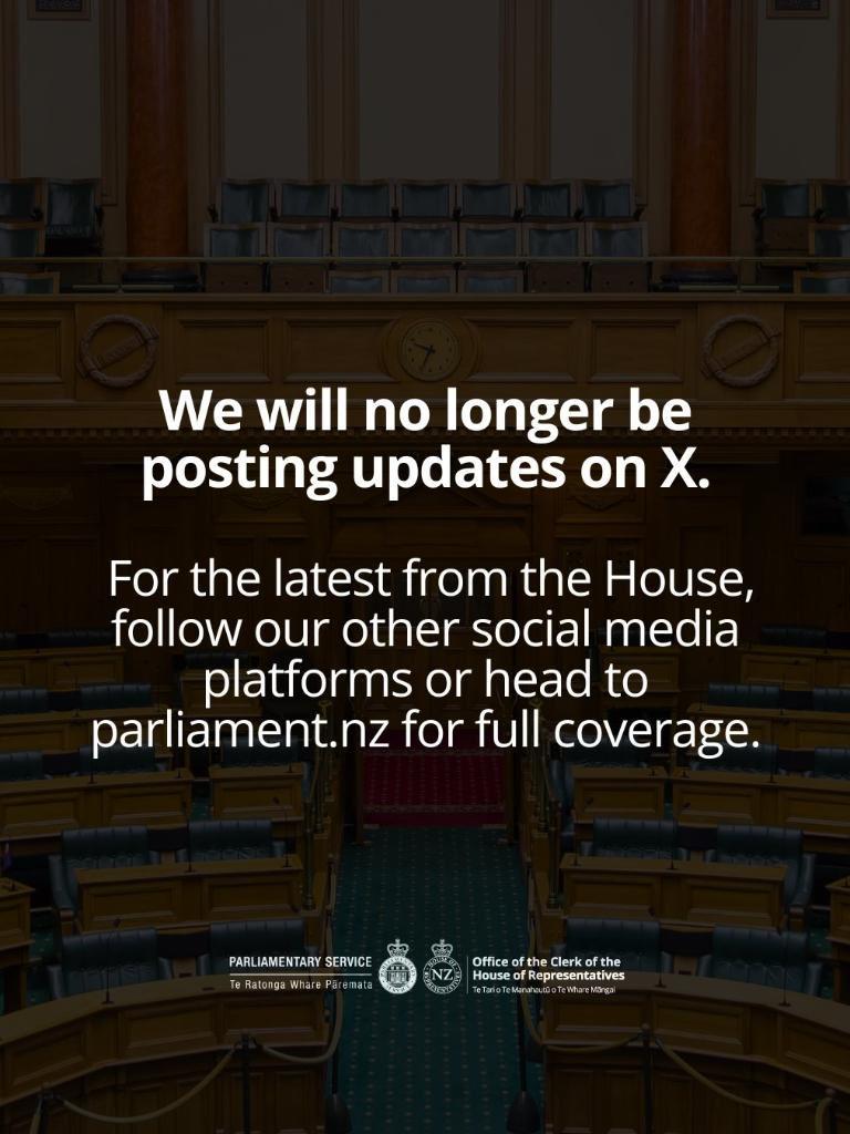 The announcement by the New Zealand Parliament that it would no longer be posting updates to the X social media platform. NZ Parliament / X.com
