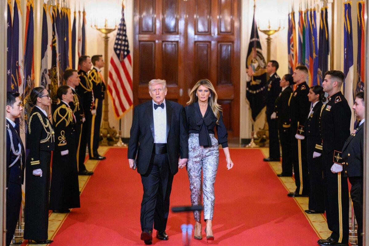 U.S. President Donald Trump and First Lady Melania Trump attend a dinner with state governors in the East Room of the White House on Feb. 21, 2026. (Mandel Ngan/AFP)