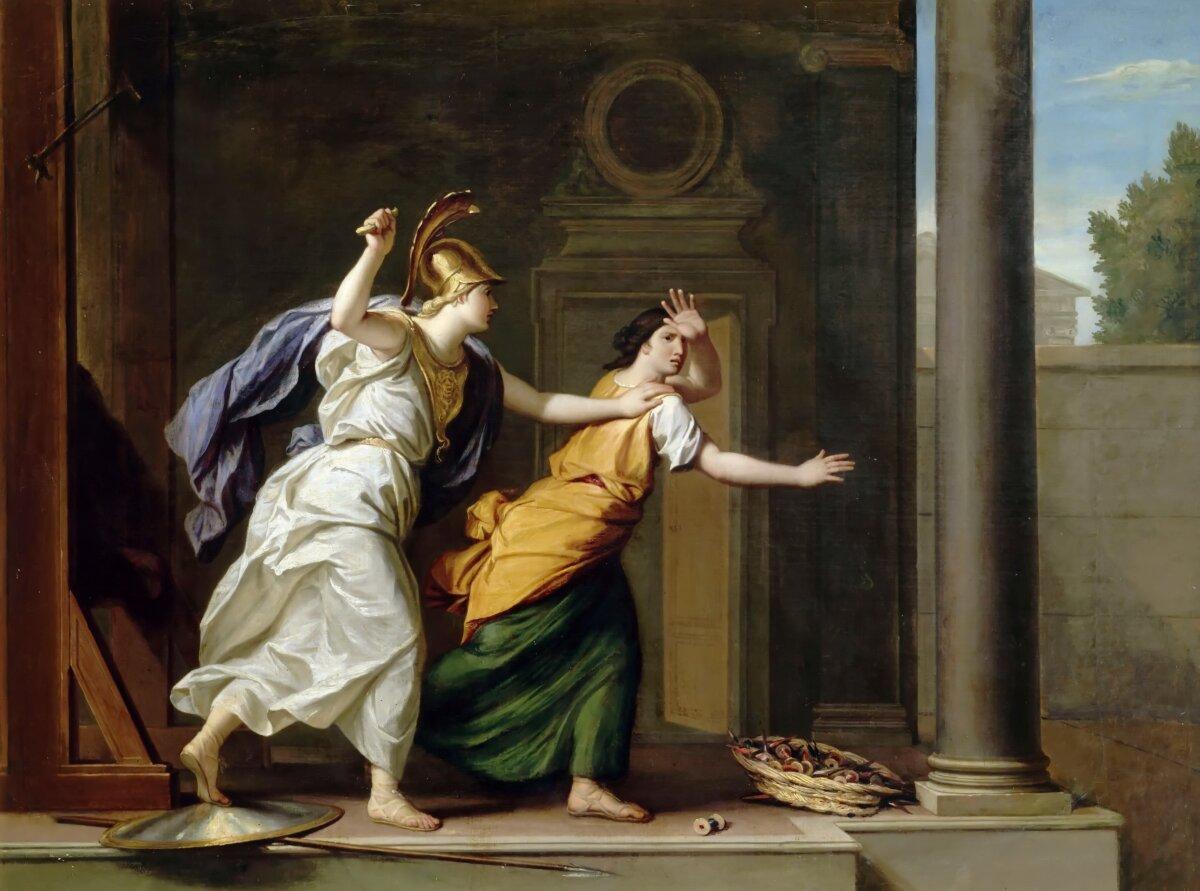 “Minerva and Arachne,” 1706, by René-Antoine Houasse. Minerva is also known as Pallas in the myth of Pallas and Arachne. Oil on canvas; 41 3/8 inches by 60 1/4 inches. Palace of Versailles, France. (Public Domain)