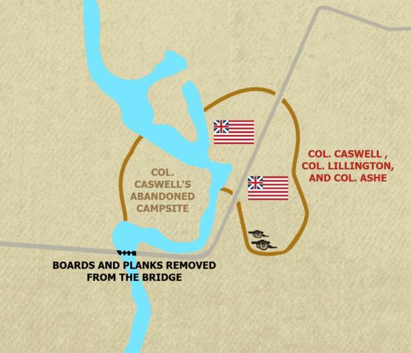 Map depicting the Battle of Moore's Creek Bridge, Feb. 27, 1776. The Patriots removed planks to prevent the Loyalist army from crossing the creek. (National Park Service)