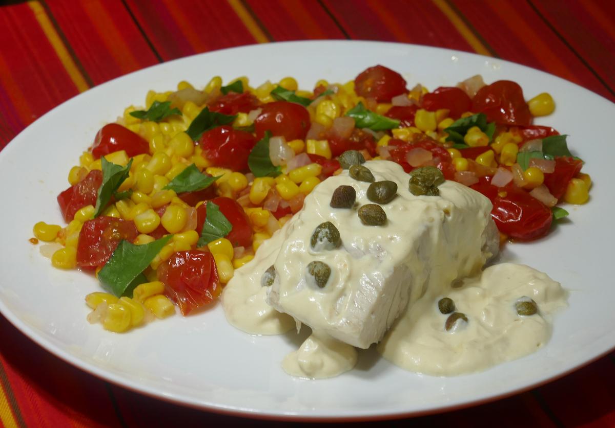 Simple Poached Fish With Caper Sauce and Quick Corn and Tomatoes