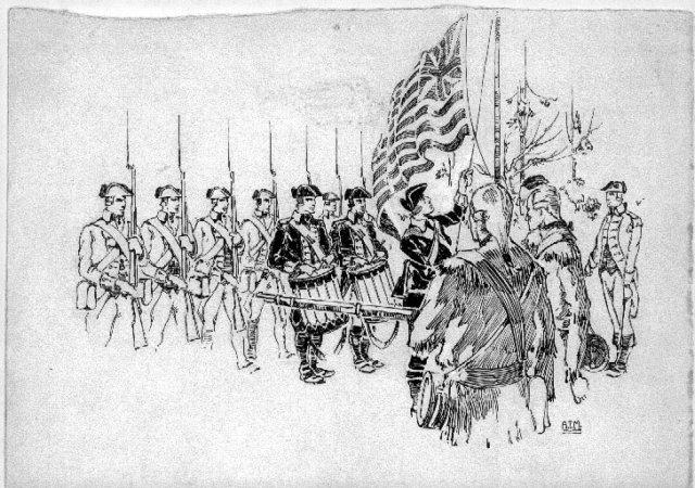 "On January 1, 1776 there was hoisted the grand union flag," ink drawing by Arman Manookian. Honolulu Academy of Arts. (Public Domain)
