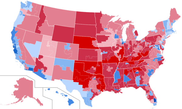 The 2016 presidential election results by congressional district, depicting the popular vote margin. (<a href="https://commons.wikimedia.org/wiki/File:2016_presidential_election,_results_by_congressional_district_(popular_vote_margin).svg">Mr.Election & Ali Zifan/CC-SA 4.0</a>)