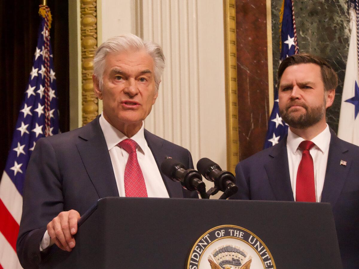 Dr. Mehmet Oz, administrator for the Center for Medicare and Medicaid Services, speaks at a press conference in the Library of the Eisenhower Executive Office Building in Washington on Feb. 25, 2026. (Travis Gillmore/The Epoch Times)