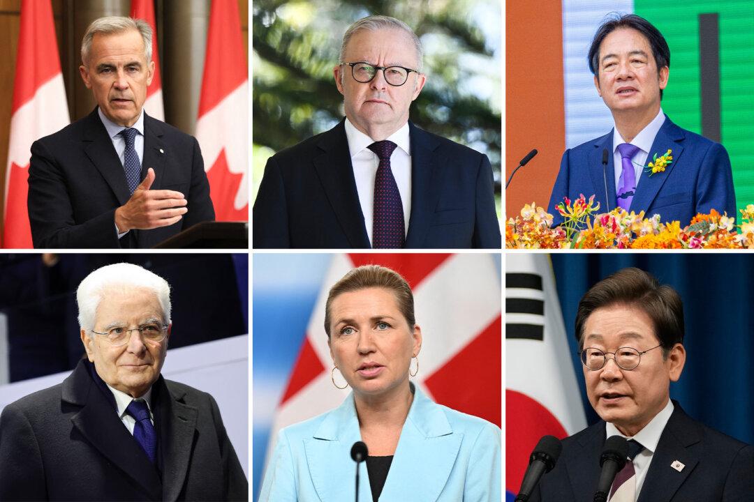 (Top L–R) Canadian Prime Minister Mark Carney; Australian Prime Minister Anthony Albanese; Taiwanese President Lai Ching-te. (Bottom L-R) Italian President Sergio Mattarella; Danish Prime Minister Mette Frederiksen; South Korean President Lee Jae-myung. (Compilation by Epoch Times, Getty Images)