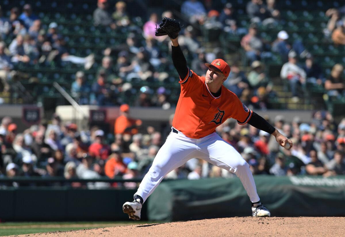 Tarik Skubal of the Detroit Tigers pitches against the Minnesota Twins at Publix Field at Joker Marchant Stadium in Lakeland, Florida, on Feb. 23, 2026. (Mark Taylor/Getty Images)