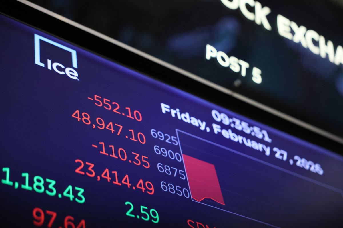 Stock Market numbers are displayed at the New York Stock Exchange on Feb. 27, 2026. (Michael M. Santiago/Getty Images)