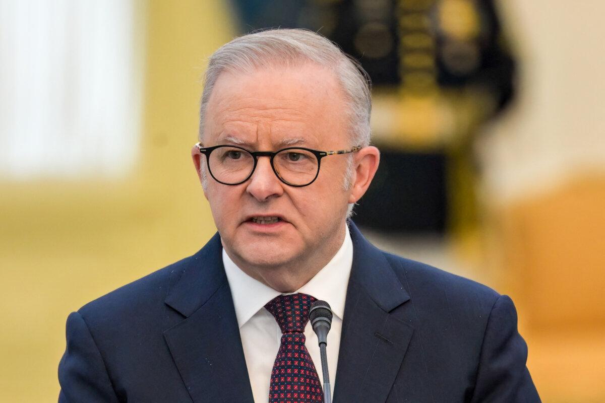 Australian Prime Minister Anthony Albanese delivers a statement at the Merdeka Palace in Jakarta, on Feb. 6, 2026. (Bay Ismoyo / AFP via Getty Images)