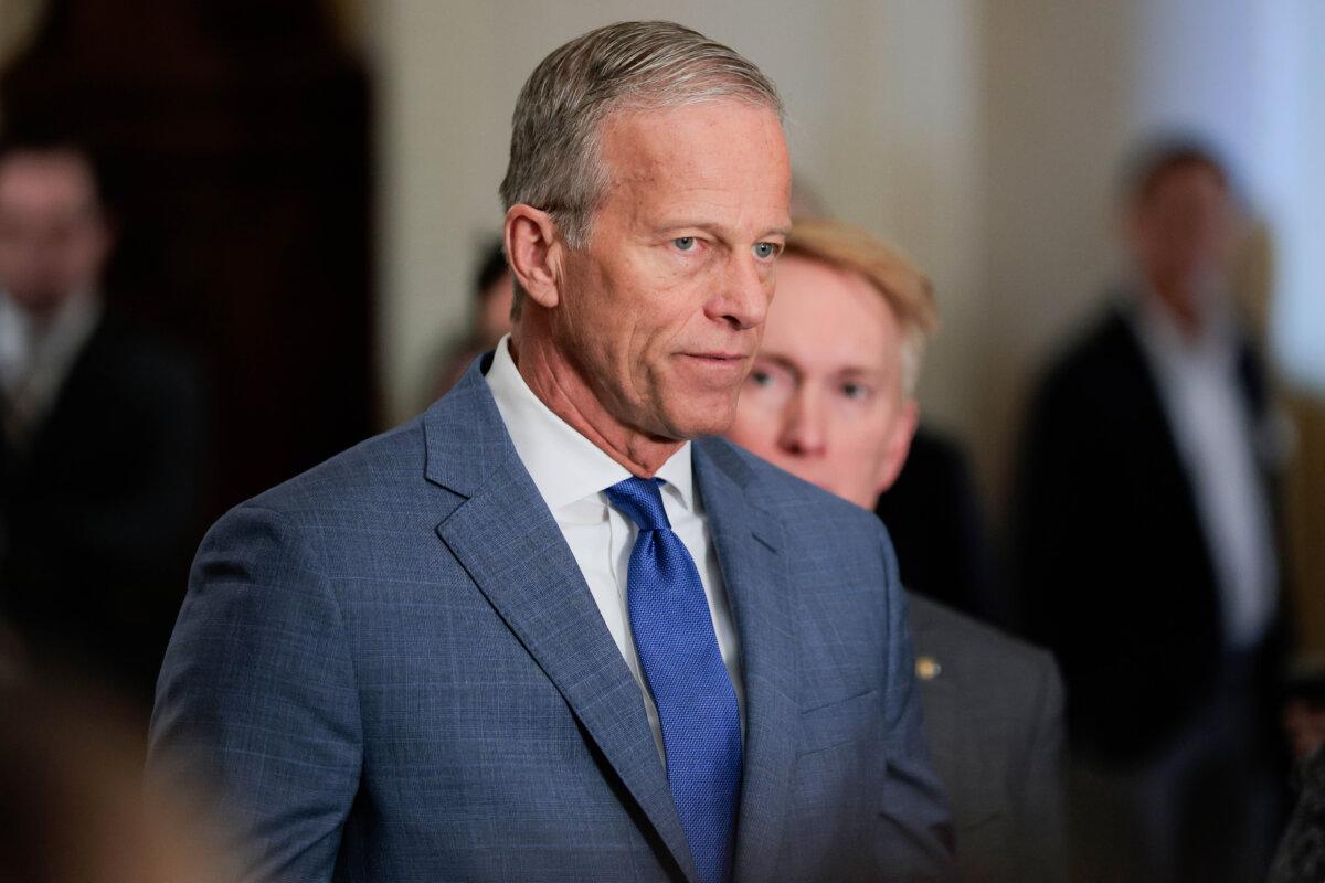 Senate Majority Leader John Thune (R-SD) speaks with reporters after Senate luncheons in Washington, DC, on Feb. 25, 2026. (Heather Diehl/Getty Images)