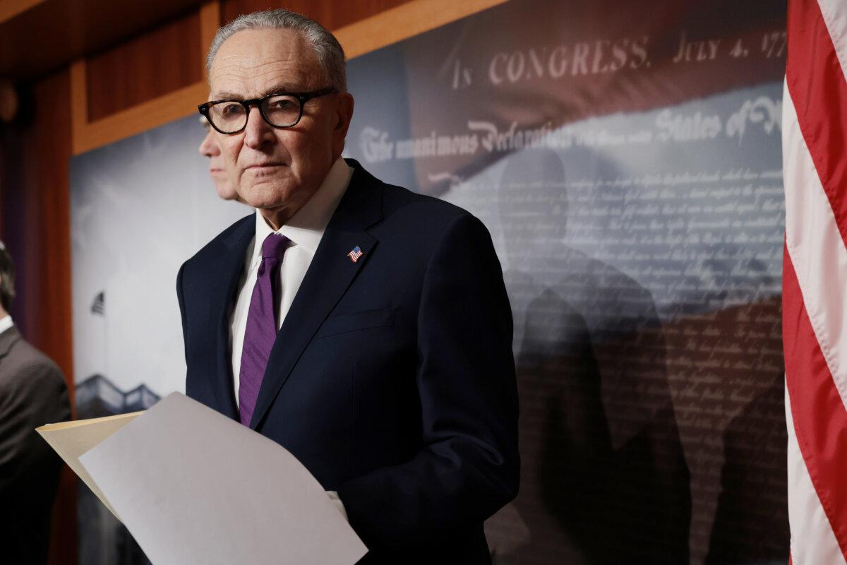 Senate Minority Leader Chuck Schumer (D-NY) listens during a news conference on the Epstein Files on Capitol Hill in Washington, DC, Feb. 26, 2026. (Anna Moneymaker/Getty Images)