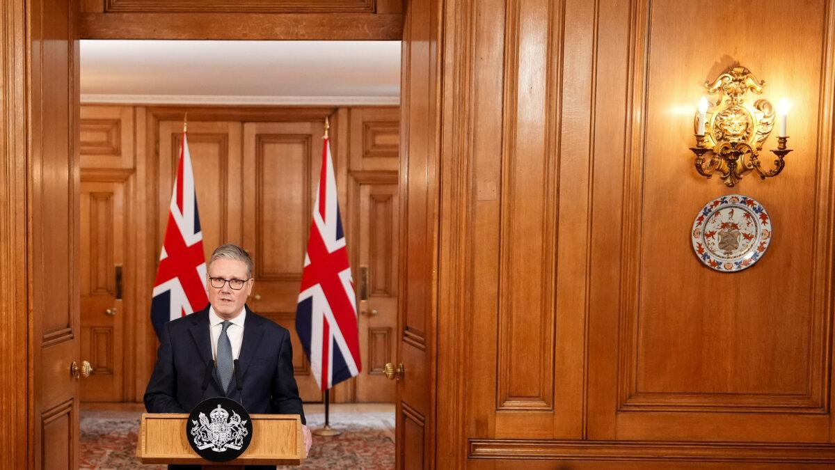 British prime minister Keir Starmer delivers a statement after the U.S. And Israel Attack Iran at Downing Street in London, England, on Feb. 28, 2026. (Jonathan Brady-WPA Pool/Getty Images)