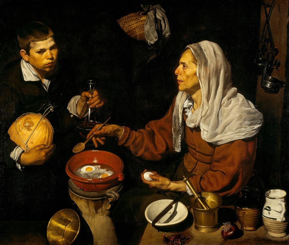 "An Old Woman Cooking Eggs," 1618, by Diego Velázquez. Oil on canvas. 39 1/2 inches by 47 inches. Scottish National Gallery, Edinburgh. (Public Domain)