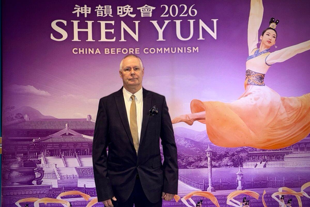 Colin Webster attends Shen Yun Performing Arts at the Wycombe Swan Theatre in England on March 1, 2026. (James Xu/The Epoch Times)