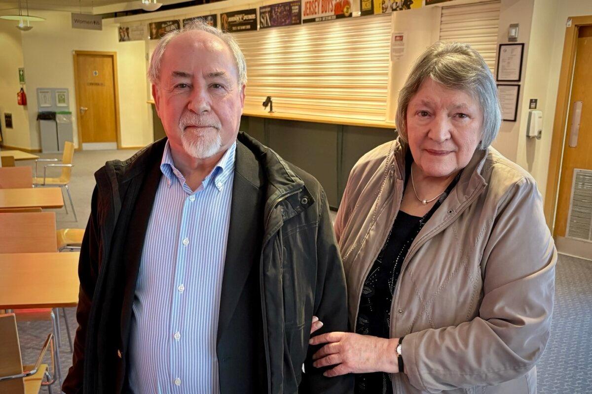 Robert and Irene Bell at the Wycombe Swan Theatre, in the UK, on March 1, 2026. (Ming Li/The Epoch Times)
