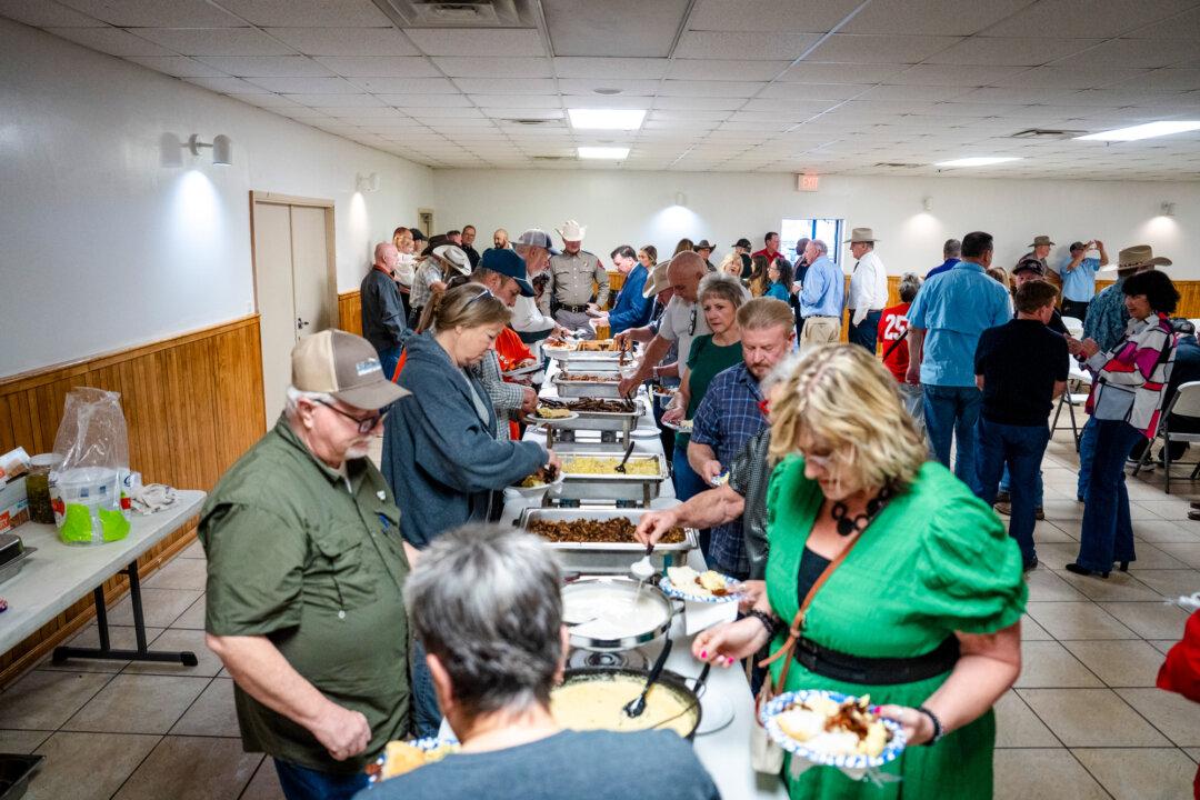Food is served at a law enforcement scholarship breakfast where Rep. Wesley Hunt (R-Texas) spoke while campaigning in the Texas Senate primary in Trinity, Texas, on Feb. 19, 2026. (Madalina Kilroy/The Epoch Times)