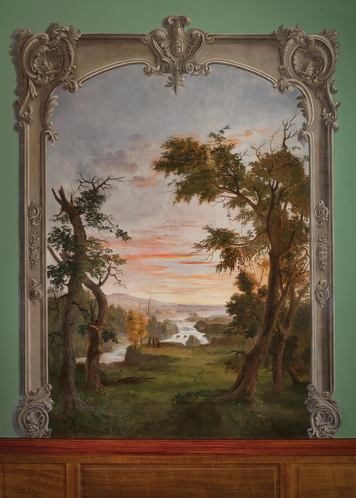 A detail of one of the "Landscape Murals," circa 1850–1852, by Robert S. Duncanson in the Duncanson Foyer. Oil on painted plaster. Taft Museum of Art, Cincinnati. (Taft Museum of Art)