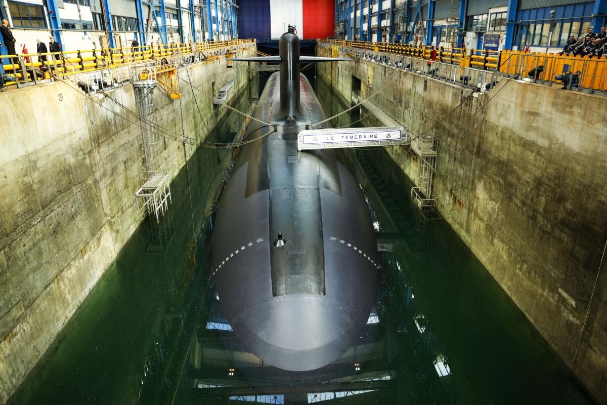 A French Navy nuclear-powered ballistic missile submarine (SSBN), "Le Temeraire," photographed during French President Emmanuel Macron's visit to the Nuclear Submarine Navy Base of Ile Longue in Crozon, north-western France, on March 2, 2026. (Yoan Valat/AFP via Getty Images)