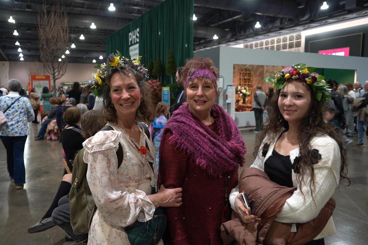 Amanda Ognissanti (L) and Victoria Dornon (C) visited The Philadelphia Flower Show at the Pennsylvania Convention Center, on March 1, 2026. (William Huang/The Epoch Times)