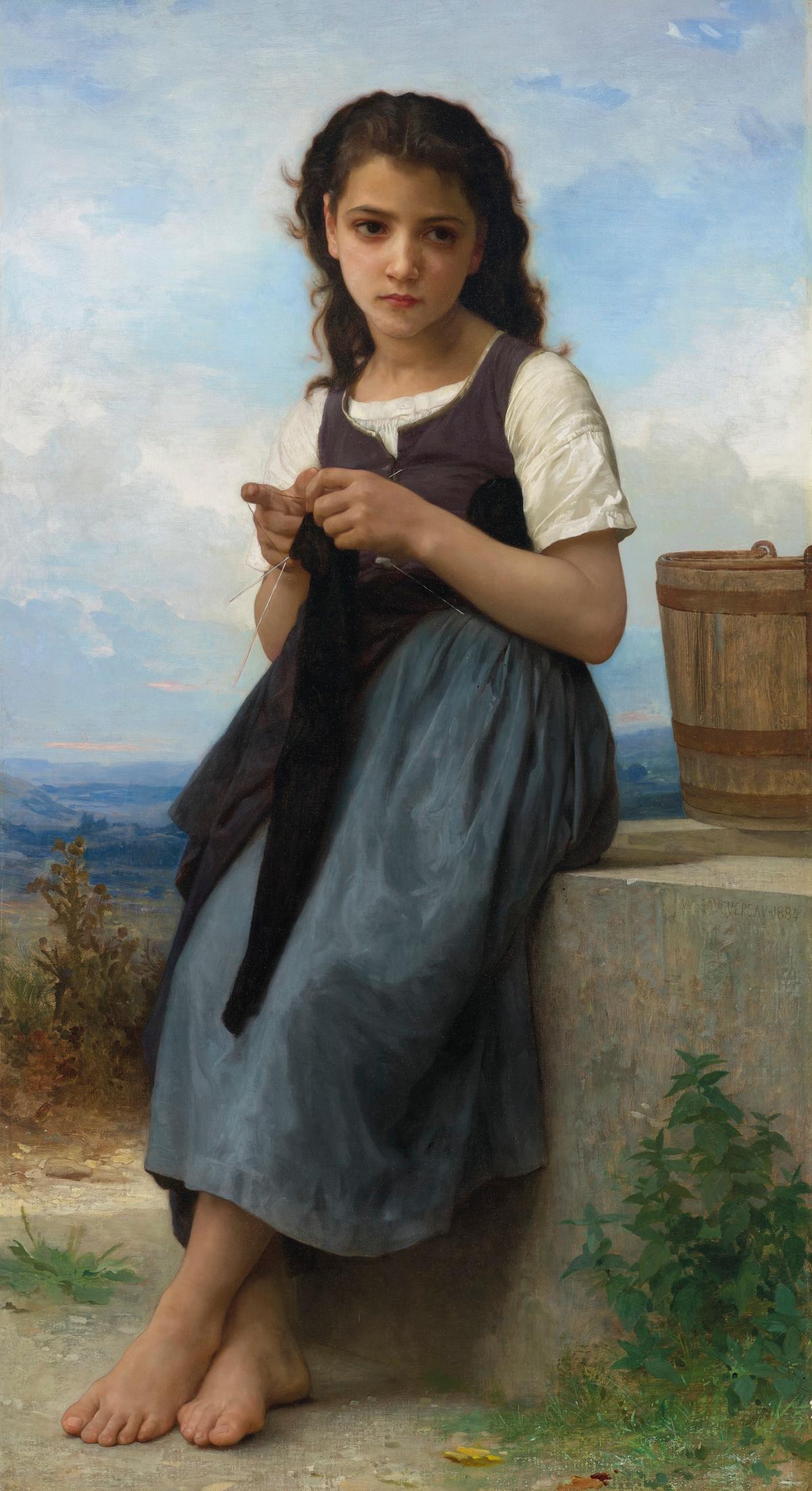 "The Knitting Girl" ("La Tricoteuse"), 1884, by William-Adolphe Bouguereau. Oil on canvas; 51 3/4 inches by 28 1/4 inches. Private collection. (Public Domain)