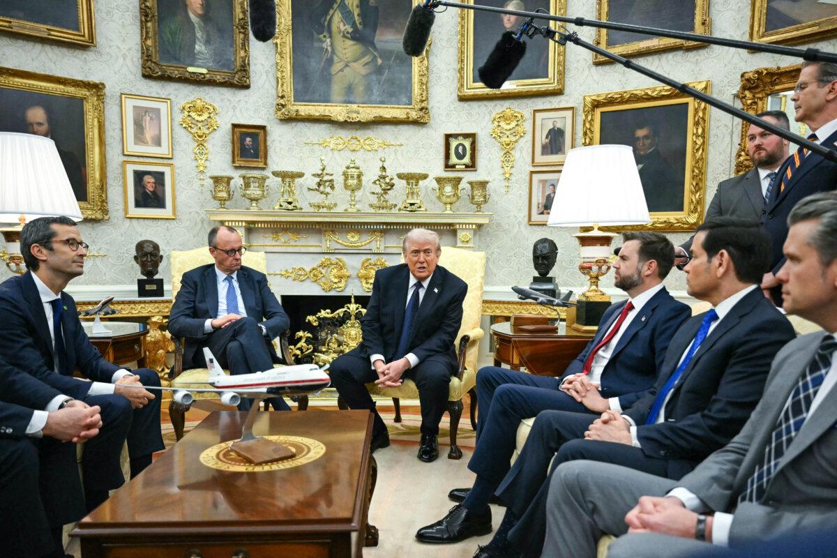 U.S. President Donald Trump speaks during a meeting with German Chancellor Friedrich Merz in the Oval Office on March 3, 2026. (ANDREW CABALLERO-REYNOLDS / AFP via Getty Images)