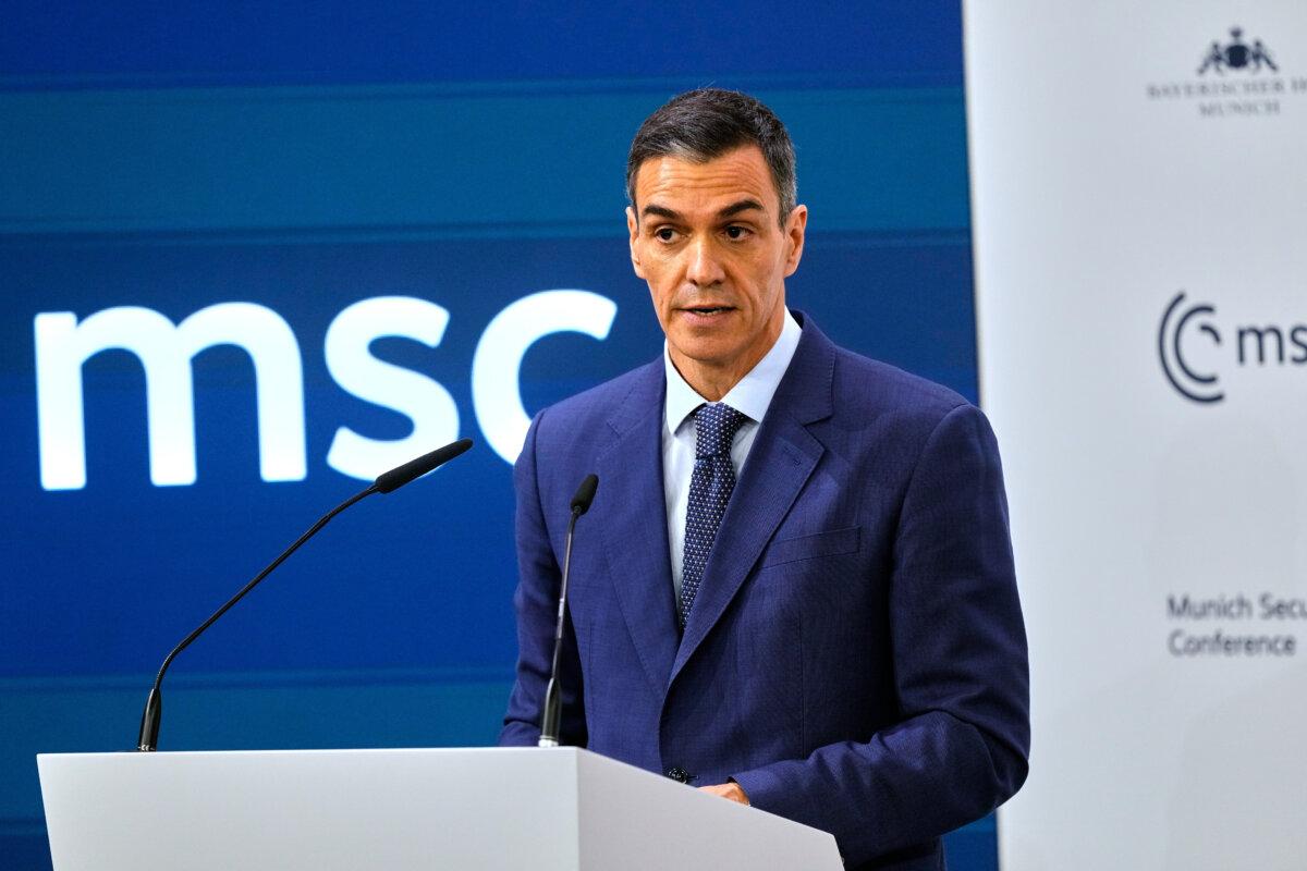 Spanish Prime Minister Pedro Sánchez speaks during a panel discussion at the Munich Security Conference in Munich on Feb. 14, 2026. (Michael Probst/AP)