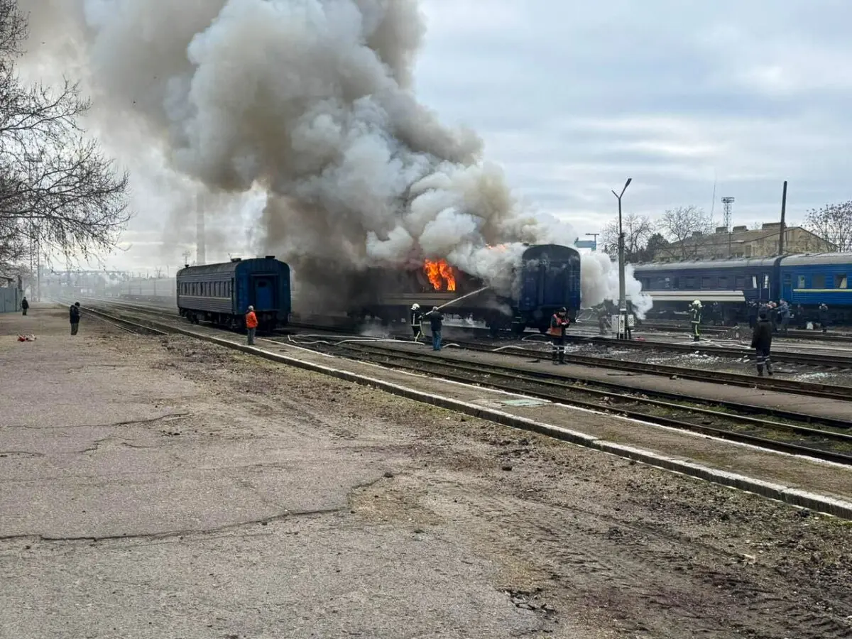 Firefighters extinguish a passenger train after it was hit by a Russian drone strike at a railway station in the Mykolaiv region of Ukraine on March 4, 2026. (Oleksii Kuleba via Facebook/Handout via Reuters)