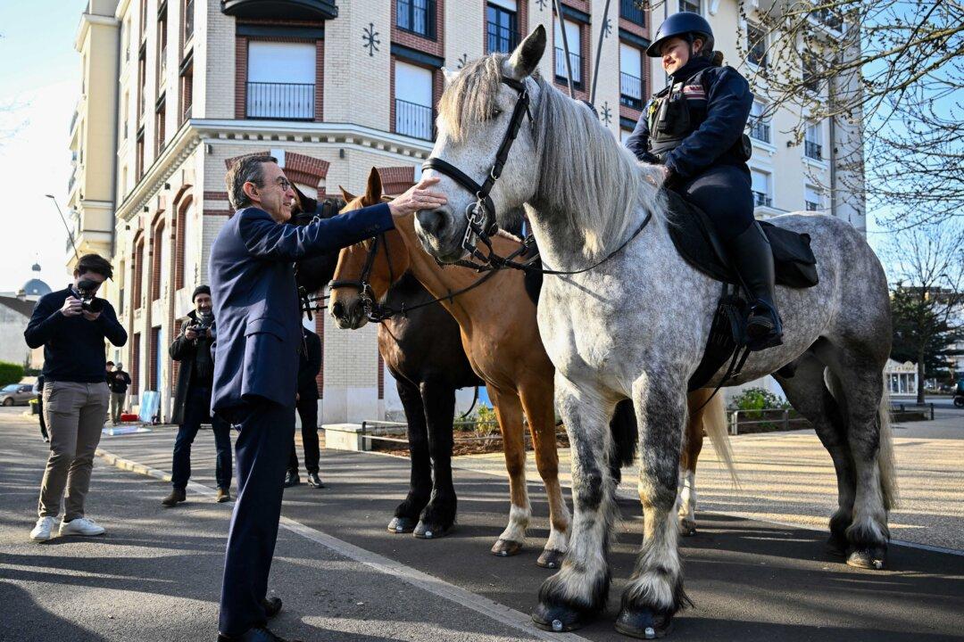 France's former Interior minister and candidate for the 2027 presidential election Bruno Retailleau greets horses of the municipal police mounted brigade before holding a press conference to denounce Parti Socialiste (PS)-La France Insoumise (LFI) agreements in the municipal elections at the town hall of Le Blanc Mesnil, in the outskirts of Paris on March 5, 2026. (Photo by JULIEN DE ROSA / AFP via Getty Images)