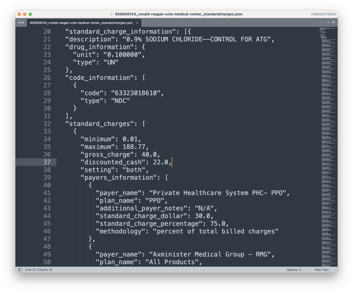 Screenshot shows a price file in JSON format downloaded from the website of UCLA Health, Ronald Reagan, in Los Angeles, on March 5, 2026. (Sylvia Xu/Epoch Times)
