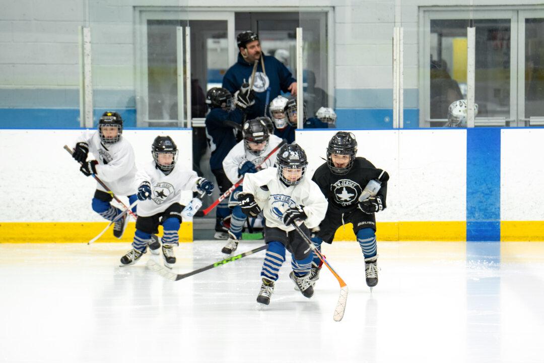 (Top, Bottom Left-Right) New Jersey Jets 14u/10u practice at the SportsCare Arena in Randolph, N.J., on Feb. 19, 2026. As for-profit, pay-to-play programs expand and consolidate, smaller leagues struggle to compete without the facilities, coaches, and players needed to remain affordable, Katherine Van Dyck said. (Samira Bouaou/The Epoch Times)