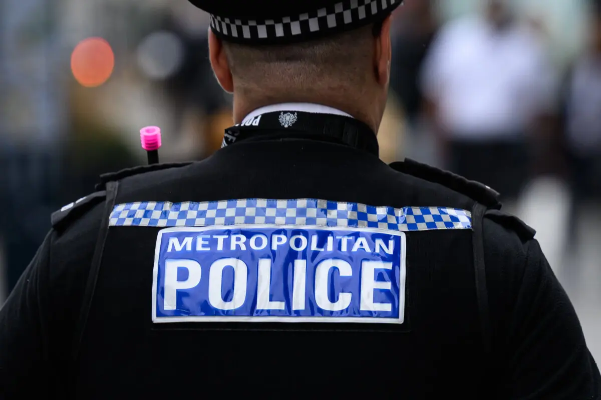 A member of the Metropolitan Police patrols the Oxford Street retail district in London, England, on Oct. 02, 2025. (Leon Neal/Getty Images)