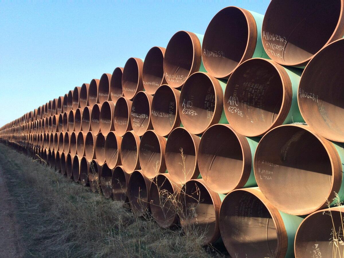 Pipes meant for the defunct Keystone XL project are shown stacked at a yard in Gascoyne, N.D., on April 22, 2015. (The Canadian Press/Alex Panetta)