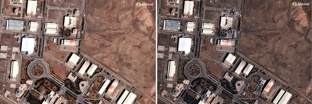 Middle East Commander Says Iran’s Drones Are Depleted, US Navy Could Open Strait of Hormuz | USNN World News In this combo from satellite images provided by Vantor shows is (left) a view of the Natanz nuclear facility on March 1, 2026, and (right) with damage on March 2, 2026, in Iran. (Satellite image ©2026 Vantor via AP)