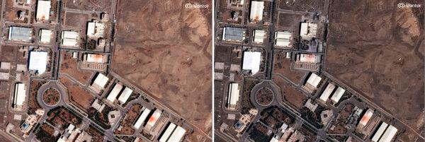 (Left) A view of the Natanz Nuclear Facility in Iran on March 1, 2026; (Right) The Natanz Nuclear Facility with damage on March 2, 2026. (Satellite image ©2026 Vantor via AP)