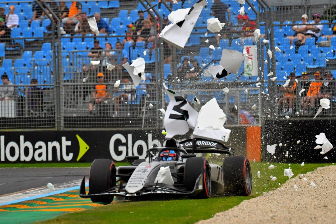 Hitech's US driver Colton Herta runs wide after a crash during the Formula 2 practice session at the Albert Park Circuit in Melbourne on March 6, 2026. (John Morris / AFP via Getty Images)