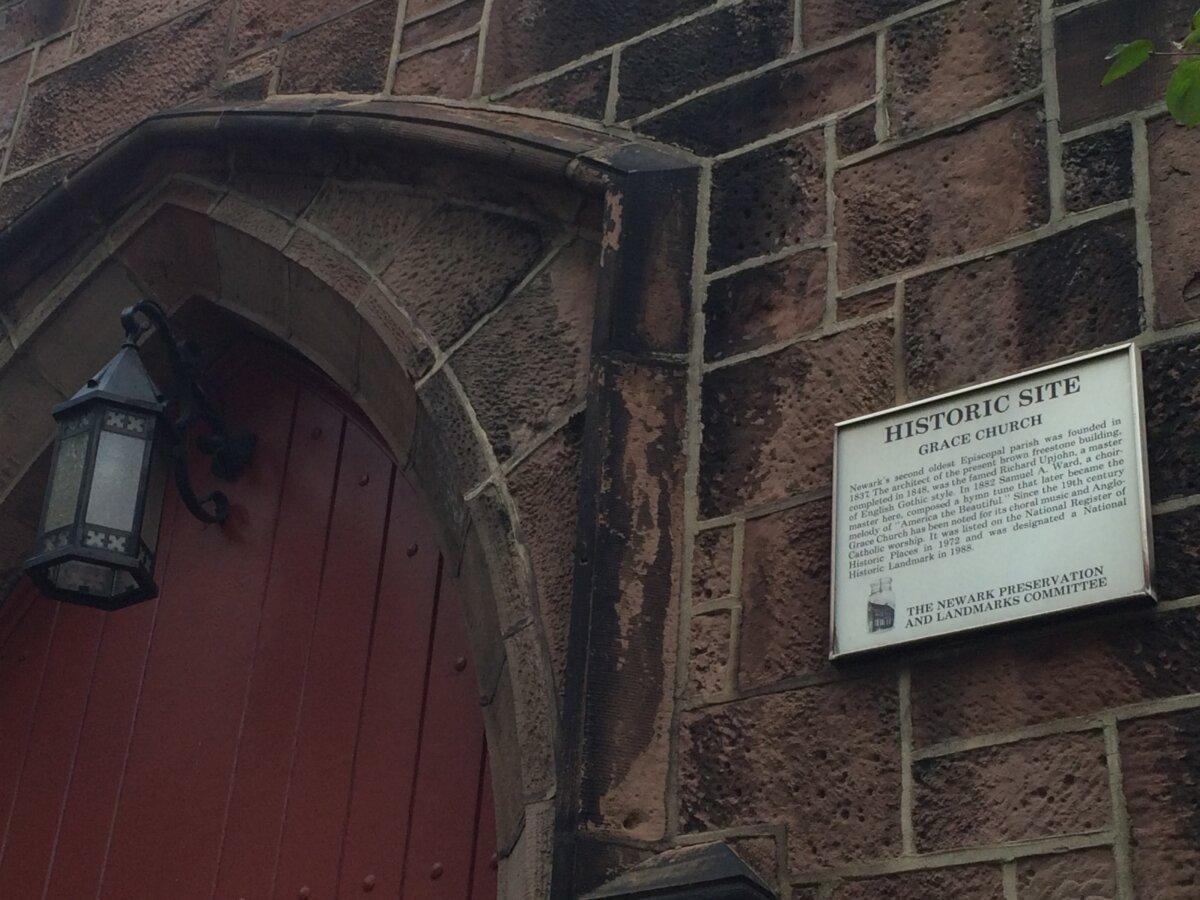 Historical marker at Grace Church in Newark where Samuel Ward worked as organist, and wrote and perfected the tune "Materna" that is used for "America the Beautiful." (<a href="https://commons.wikimedia.org/w/index.php?title=User:Max_Woolley&action=edit&redlink=1">Max Woolley</a>/<a href="https://creativecommons.org/licenses/by-sa/4.0">CC BY-SA 4.0</a>)