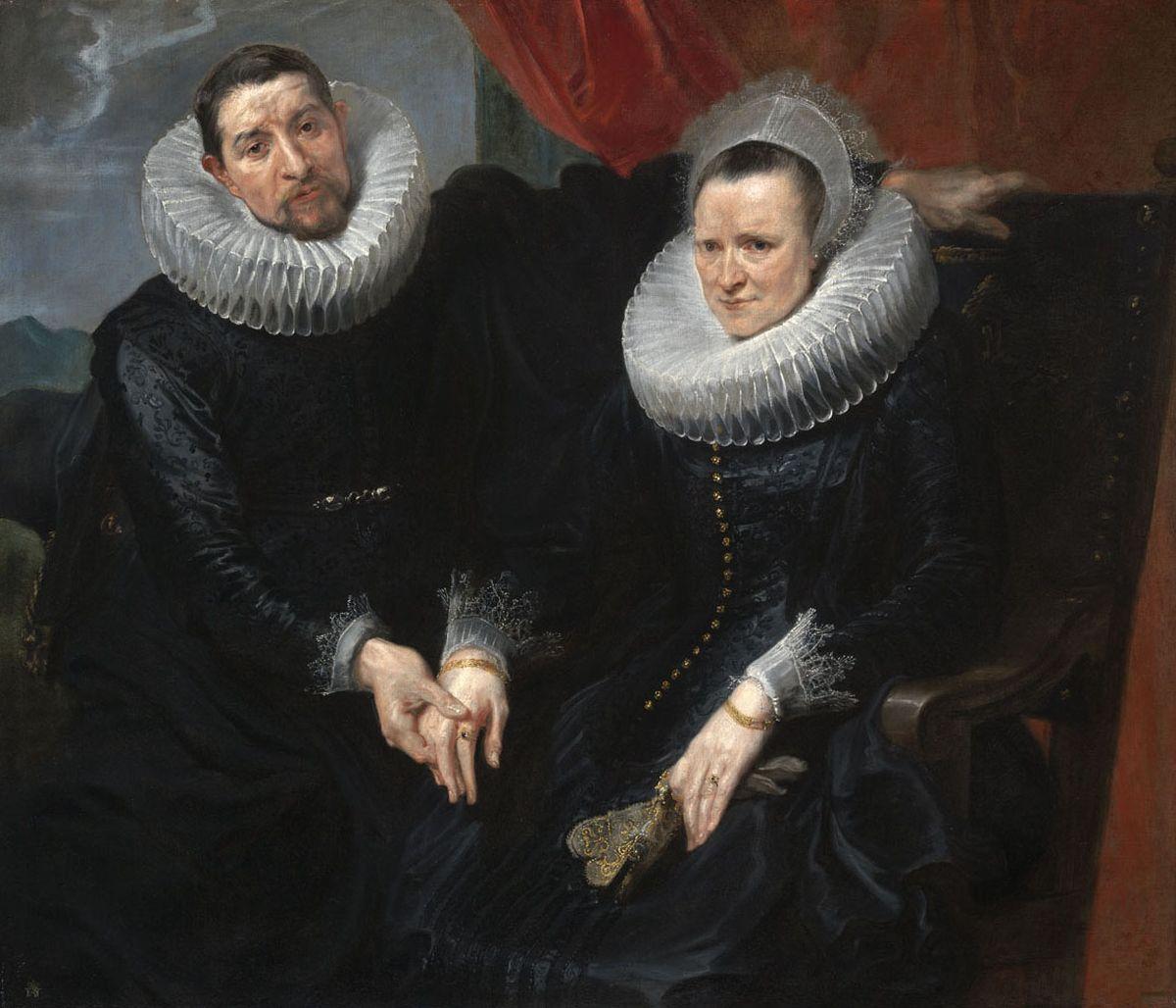 安東尼‧范‧戴克(Anthony van Dyck)的畫作《一對已婚夫婦的肖像》(Portrait of a Married Couple),約1617年至1618年作。布面油畫,112cm × 131cm。布達佩斯美術博物館,布達佩斯。(公有領域)
