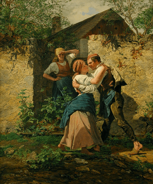 斐迪南‧喬治‧華德米勒(Ferdinand George Waldmüller)的畫作《農夫戀人》(Peasant Lovers),1863年作。面板油畫,53cmx 45cm。施泰德美術館(Städel Museum),法蘭克福。(公有領域)