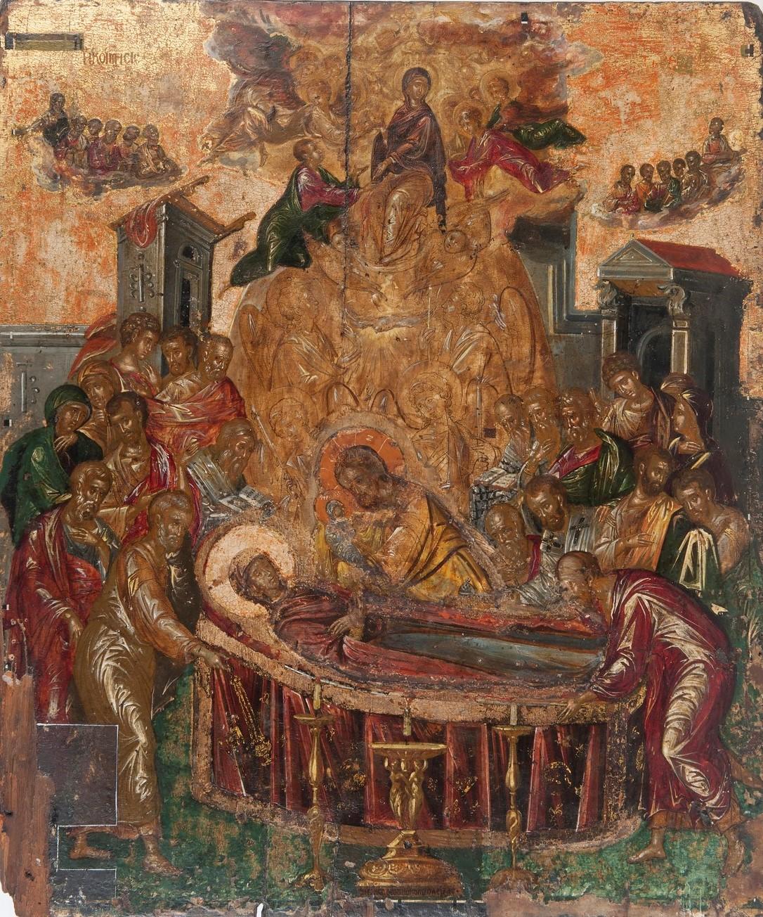 "Dormition of the Virgin," before 1567, by El Greco. Tempera and gold on panel; 24 inches by 17 3/4 inches. Church of the Dormition of the Virgin, Ermoupolis, Syros. (Public Domain)