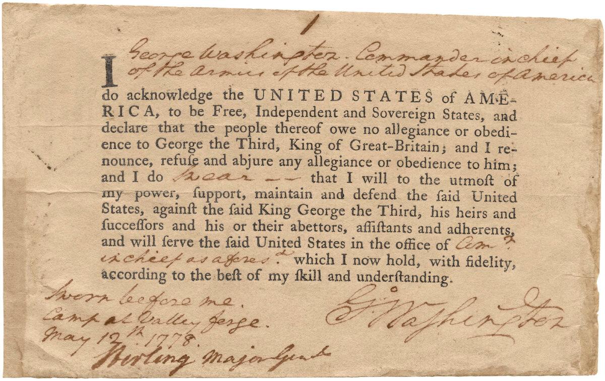 George Washington's Oath of Allegiance, signed on May 12, 1778, and maintained in the War Department Collection of Revolutionary War Records. (Courtesy National Archives Foundation).
