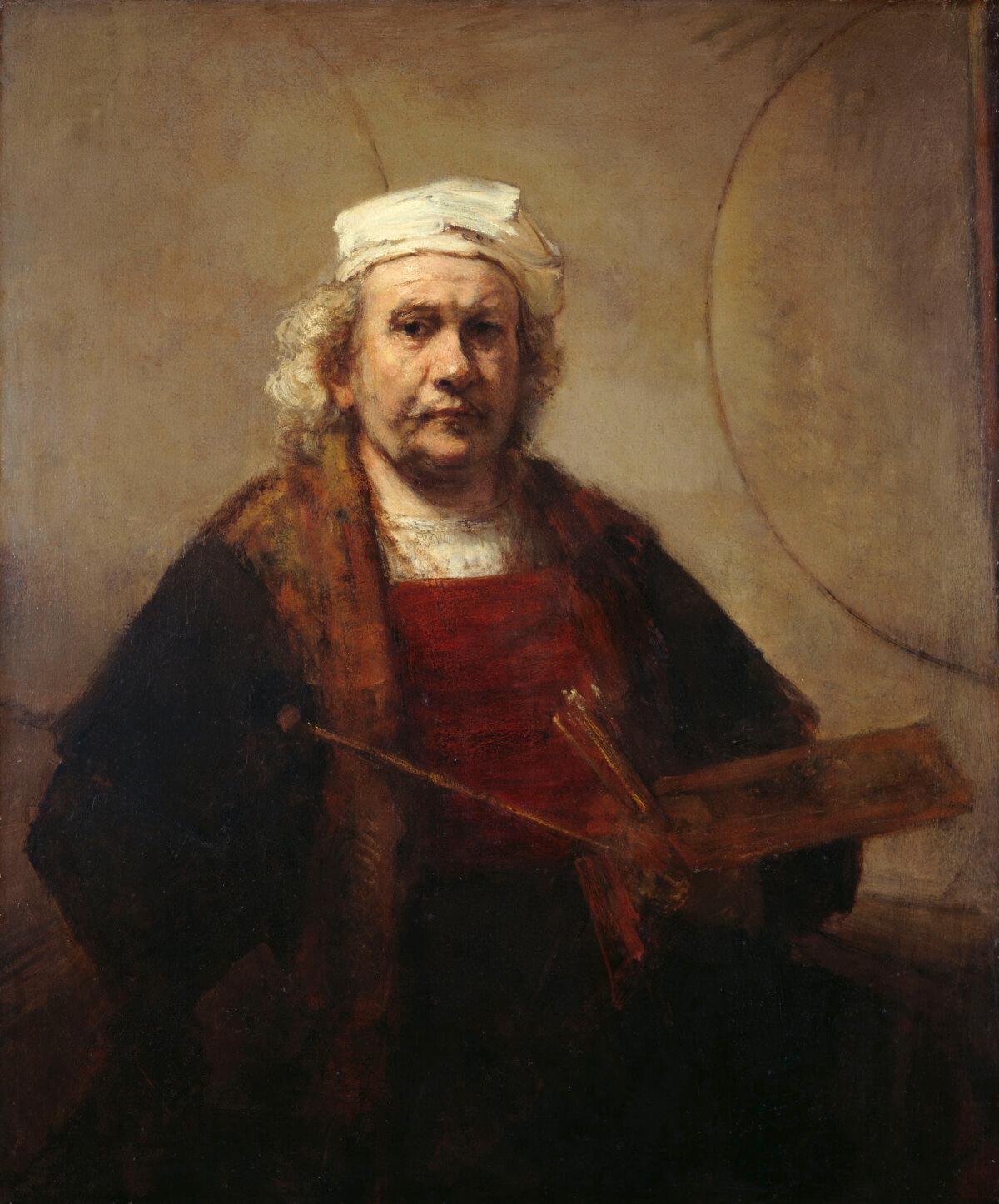 倫勃朗,《有兩個圓圈的自畫像》(Self-Portrait With Two Circles),1665—1669年作,布面油畫,114.3×94cm,倫敦肯伍德莊園藏。(公有領域)