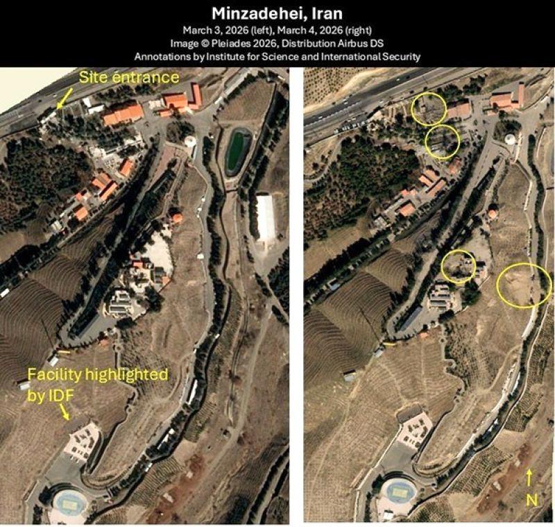 A before-and-after image of the Minzadehei compound, highlighting the attacked areas marked by circles in the two clusters of above-ground buildings, as well as a notable crater on the hillside, northeast of Tehran, Iran, on March 4, 2026. (isis-online.org)