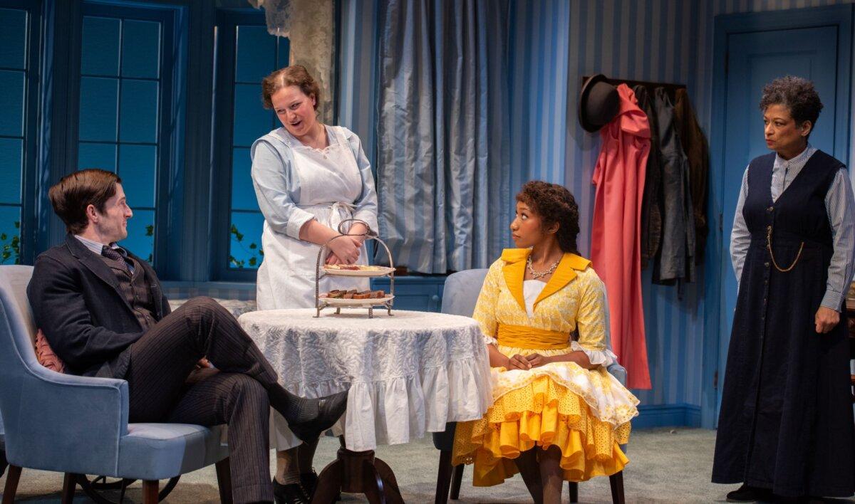 (L–R) Paul (David T. Patterson), the temporary maid (Caroline Festa), the wealthy guest Virginia Cavender (Cassia Thompson), and Mrs. Munning (Melissa Maxwell), in “Zack.” (Todd Cerveris)