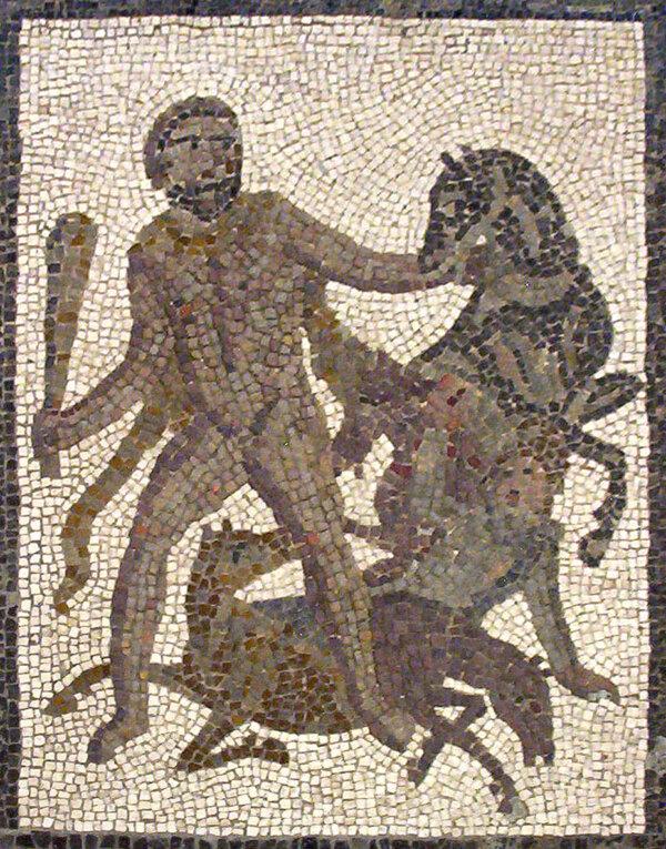 Hercules and the Mares of Diomedes. Detail of 'The Twelve Labors' Roman mosaic from Lliria (Province of Valencia, Spain), at the National Archaeological Museum of Spain (Madrid). 1st half of the 3rd century. (<a href="https://en.wikipedia.org/wiki/Mares_of_Diomedes#/media/File:Mosaico_Trabajos_H%C3%A9rcules_(M.A.N._Madrid)_08.jpg">Luis García/ CC BY-SA 3.0</a>)