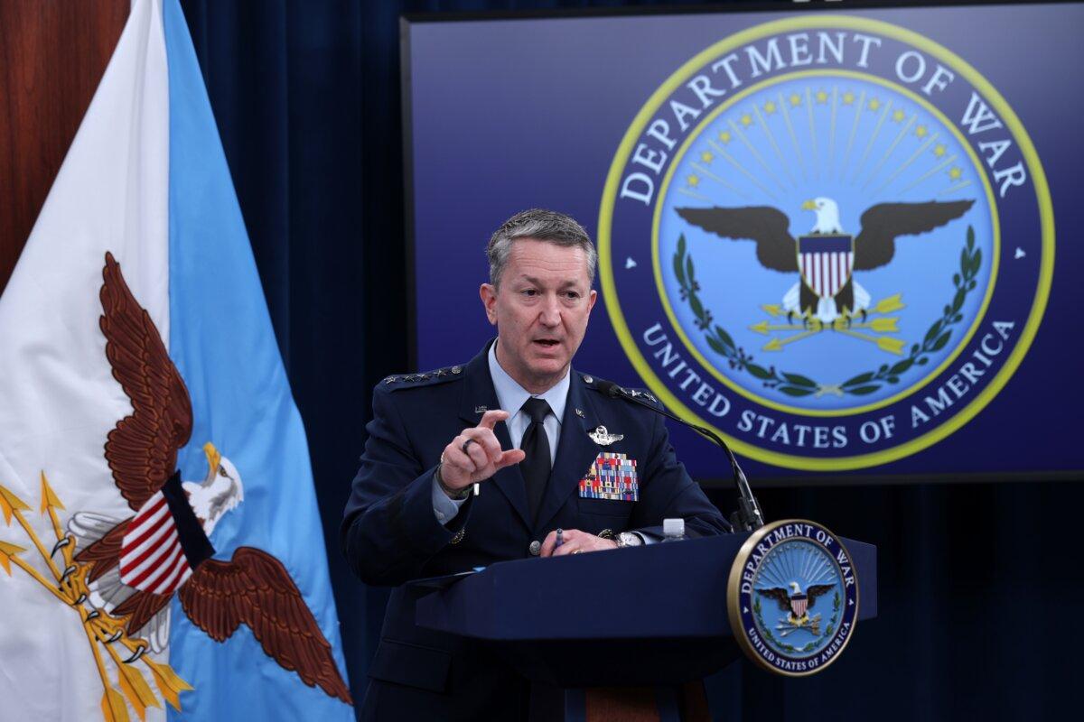 Chairman of the Joint Chiefs of Staff Gen. Dan Caine speaks during a press conference at the Pentagon in Arlington, Va., on March 2, 2026. (Alex Wong/Getty Images)