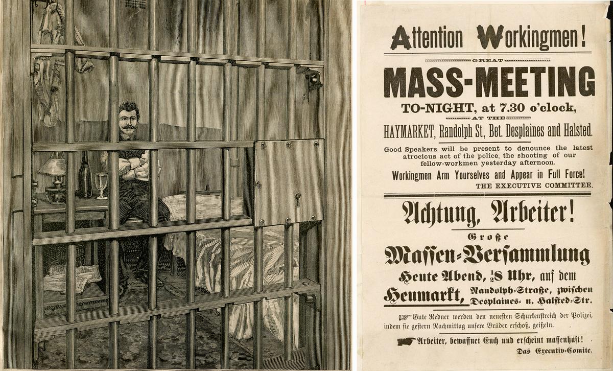 (Left) Illustration of Chicago anarchist August Spies, as he appeared in his cell, from Harpers Weekly, published on Jan. 2, 1887. (Right) A Haymarket flyer notifying people of a rally in support of striking workers on May 4, 1886. (Public Domain)