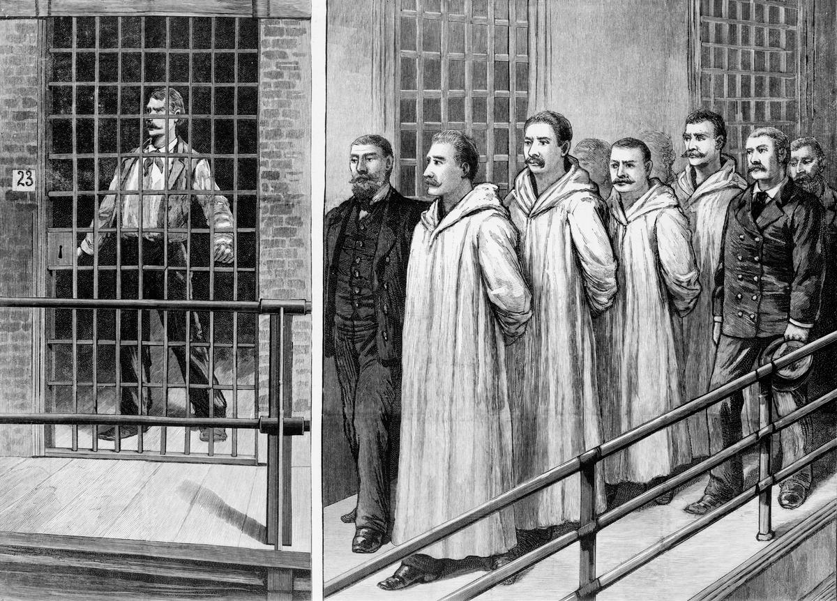 Two illustrated scenes at the Cook County jail, by Will E. Chapin: anarchist Parsons (L) singing in his cell, and four Chicago anarchists marching to the scaffold, for Frank Leslie’s Illustrated Newspaper, Nov. 19, 1887. (Public Domain)
