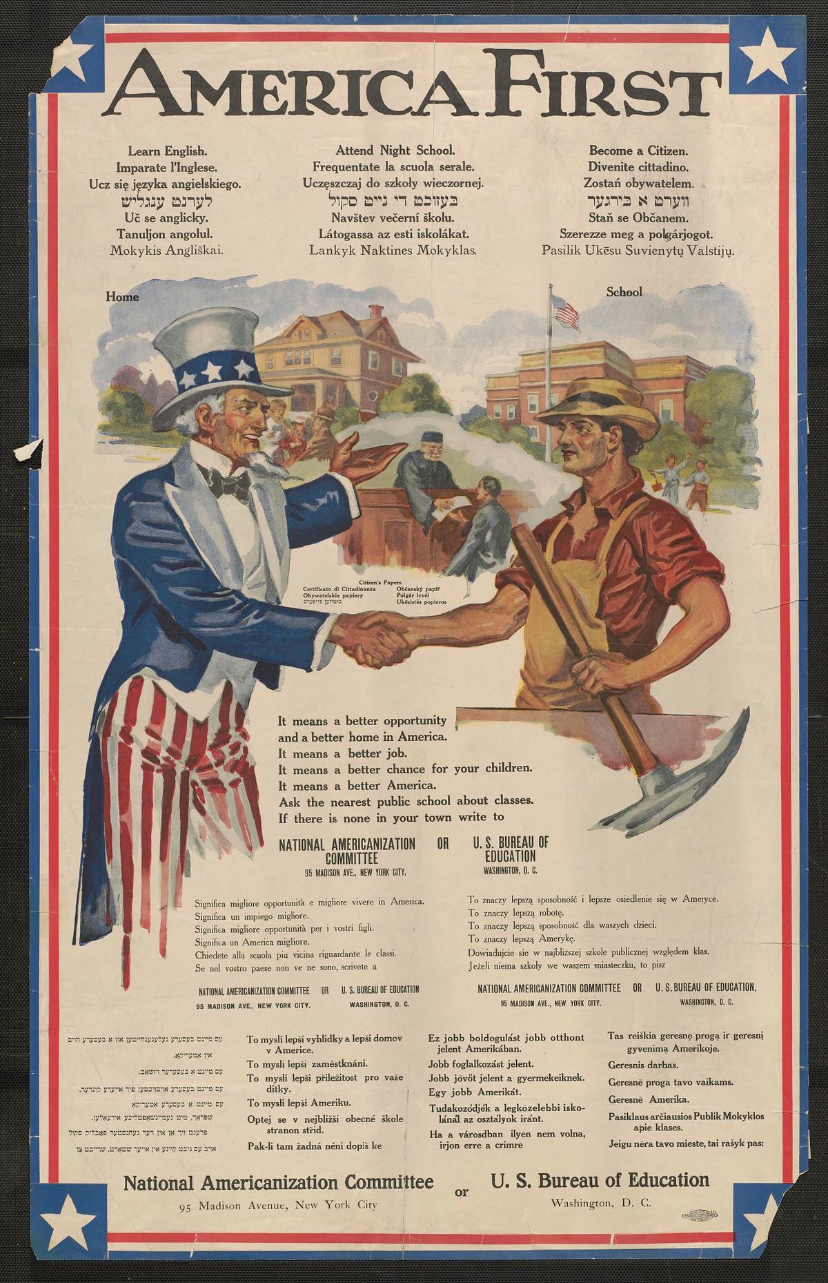 A circa 1915–1929 poster promoting Americanization Day, which later was called Loyalty Day. (Public Domain)
