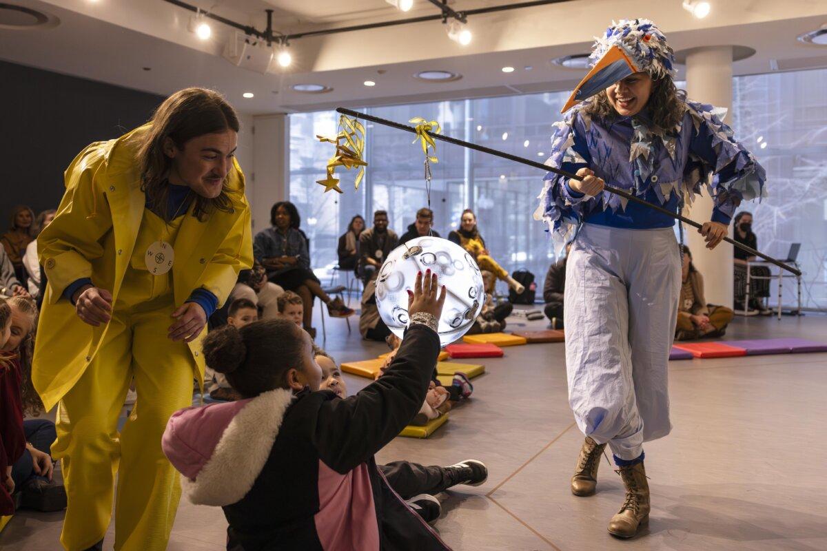 Cast members Michael-Forest (Mikey) Walden and Tina Muñoz Pandya use puppets, music, and everyday objects to tell the story of animals trying to piece the moon back together in “Splish Splash: A Day on the Lake.” Boris Martin.
