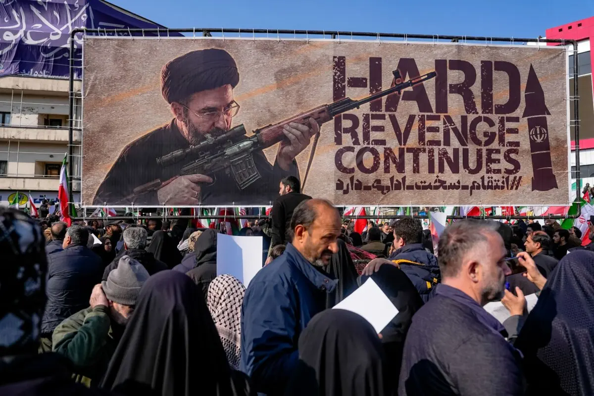 A banner depicting the Iranian regime's new leader, Mojtaba Khamenei, in Tehran, Iran, on March 11, 2026. (Khoshiran/Middle East Images/AFP via Getty Images)