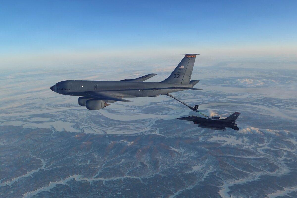 An F-16 fighter refuels from a KC-135 Stratotanker over Alaska on Feb. 19, 2026. (U.S. Department of Defense via AP)